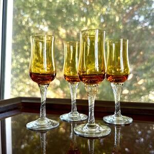 Vintage Amber Cordial Glasses with Clear Twisted Stems, Set of 4